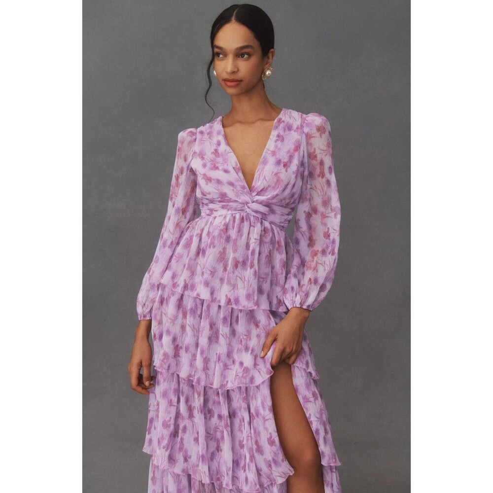 ASTR The Label Sibylla Maxi Dress Sz XS Purple Pink Chiffon Tiered Ruffle READ - Picture 1 of 8